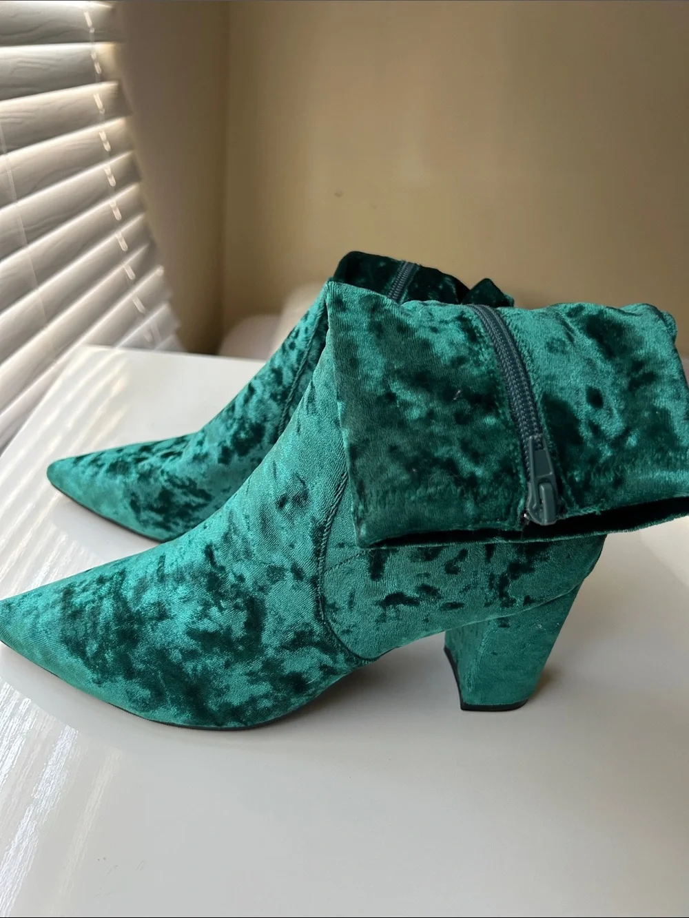 Silent D Velvet Pointed-Toe Ankle Boots in Emerald Green
